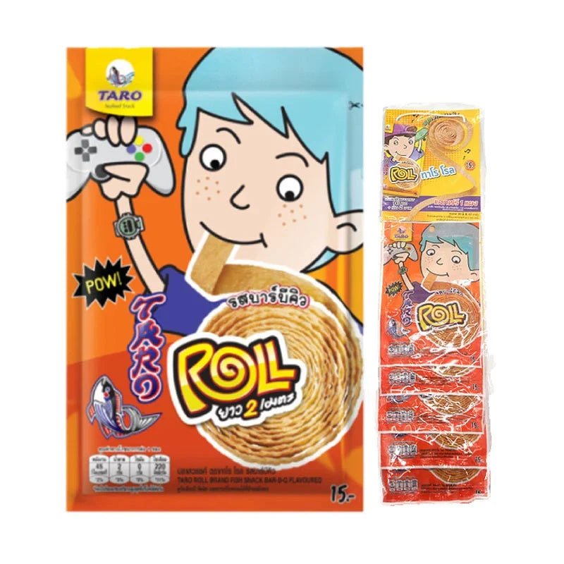 Taro Roll Fish Snack BBQ Flavored, 13g x6 packs, TARO brand, dry grocery snack with crispy fish roll texture and smoky BBQ flavor.