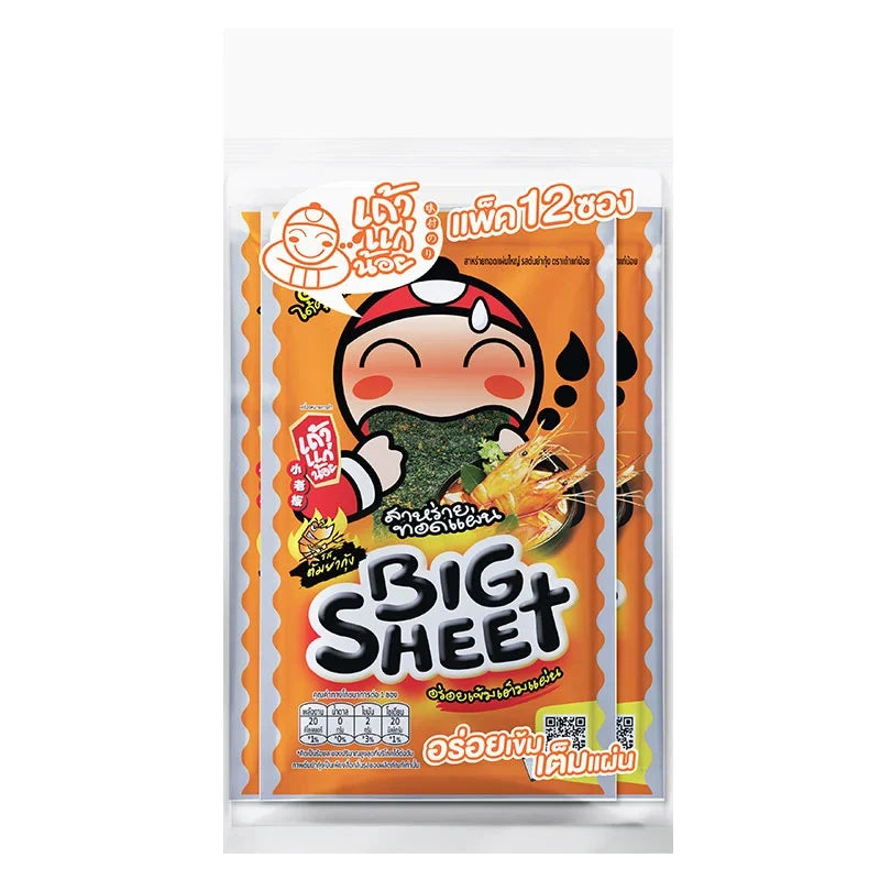 TAOKAENOI Seaweed Tom Yum snack in 3.2g pack, crispy dry grocery snack with spicy Tom Yum flavor, ready to enjoy.