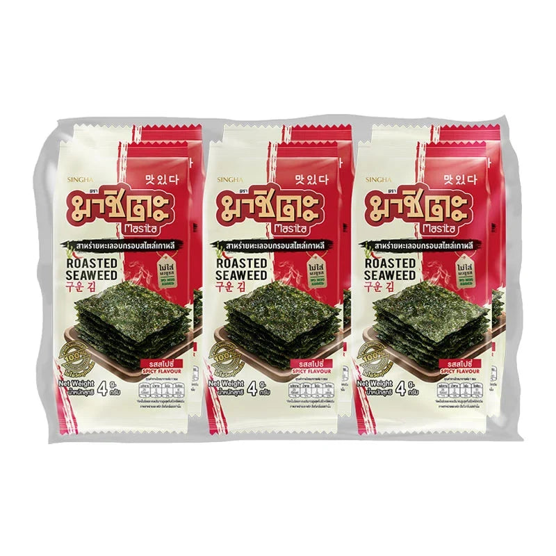 Masita roasted seaweed snacks with spicy flavor, 4g packs, stacked in a row, ideal for dry grocery and snack lovers.