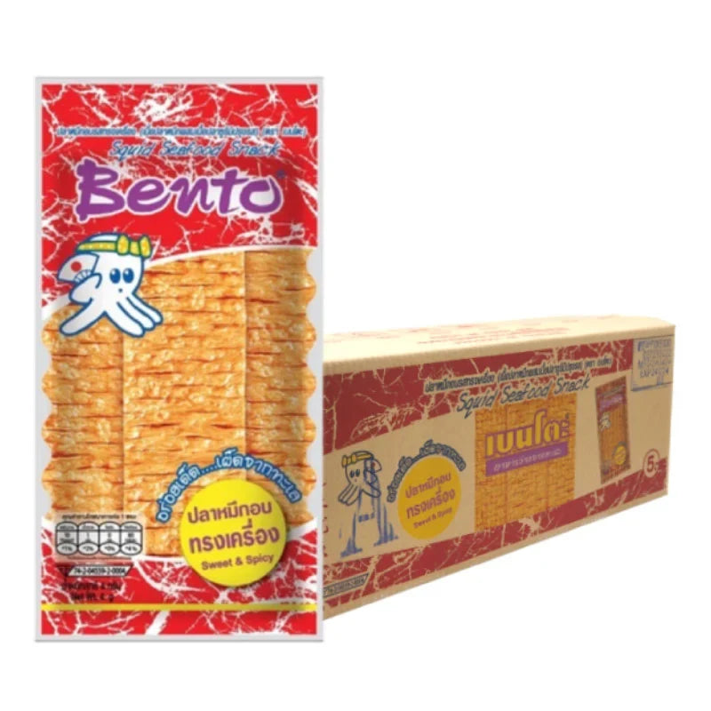 BENTO Bento Squid Seafood Snack with sweet and spicy flavor, 4g packs, displayed in a clear container, perfect for dry grocery snack.