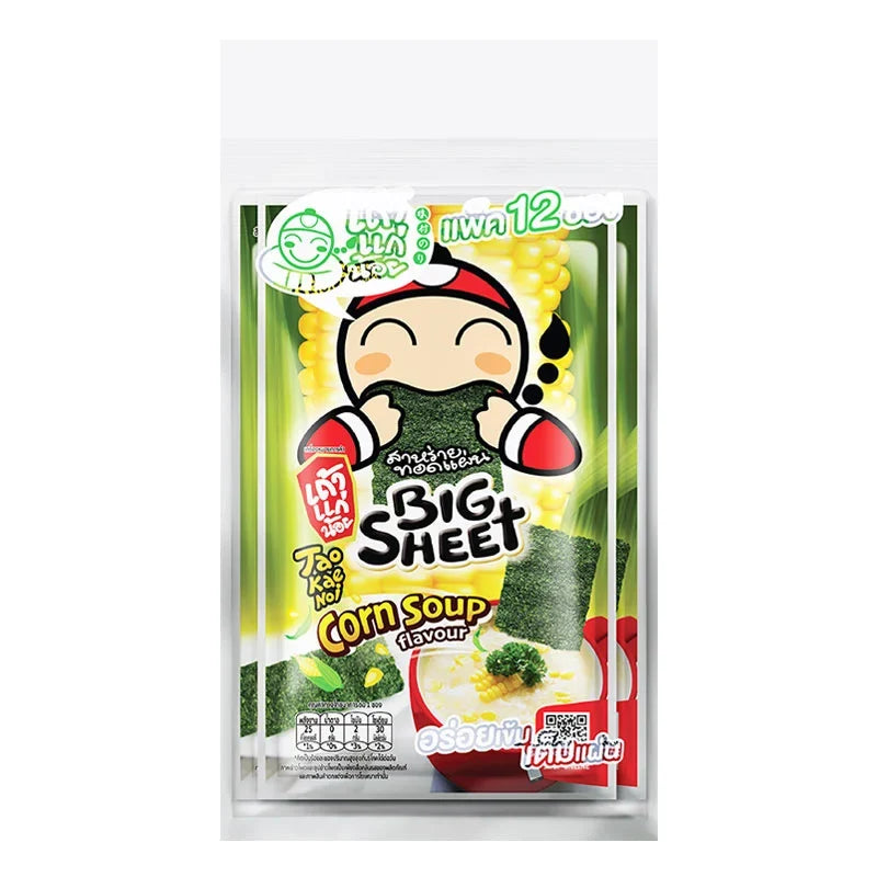 Taokaenoi Big Sheet Japanese-style crispy seaweed snack with corn soup flavor, 3.2g dry grocery snack in a vibrant package.