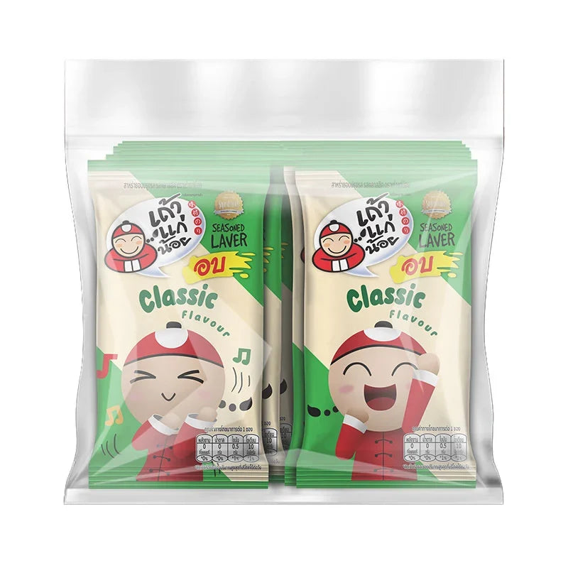 Close-up of Taokaenoi Roasted Mini Classic snack, crispy dried seaweed chips in a small, snack-sized pack from TAOKAENOI.