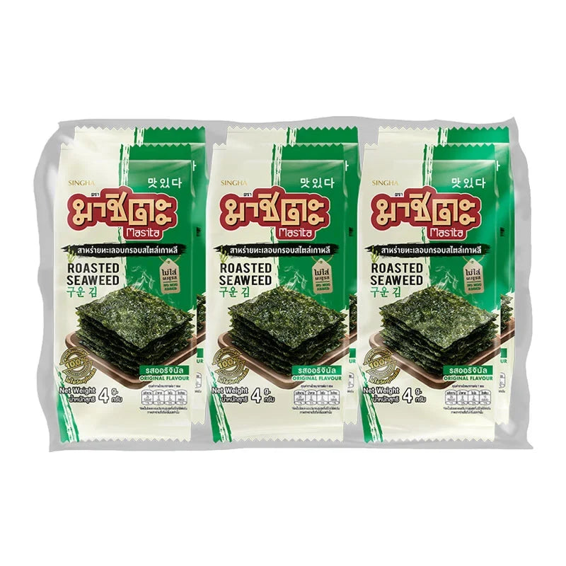 Masita Roasted Seaweed Original Flavour 4g snack pack, crispy thin sheets of seaweed in a clear wrapper.