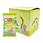 A box of ARO Sour Worm Gummy Jelly snacks, 20g x 12 packs, colorful gummy worms in a clear plastic container.