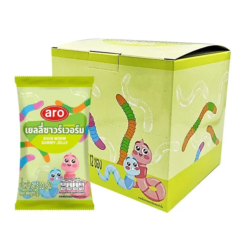 A box of ARO Sour Worm Gummy Jelly snacks, 20g x 12 packs, colorful gummy worms in a clear plastic container.