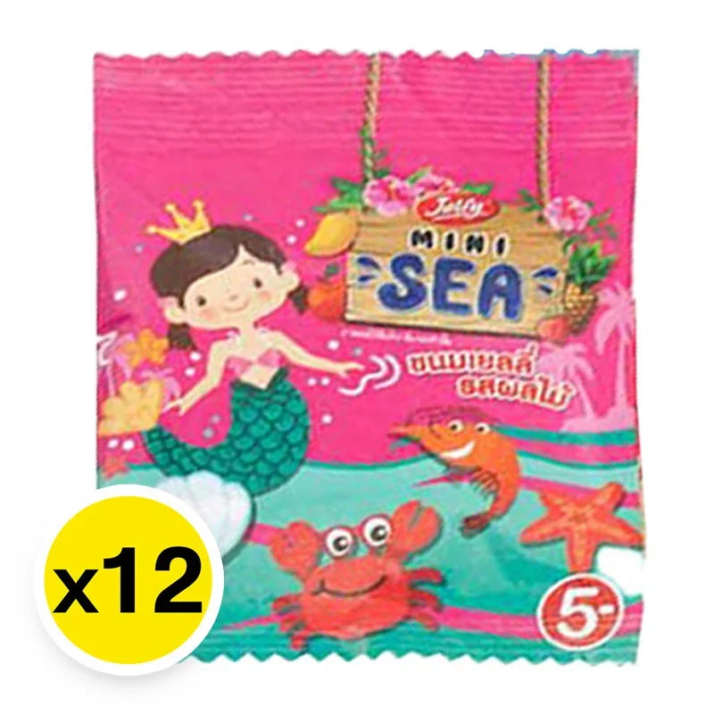 JELFY Gummy Mini Sea Fruit snacks in 15g packs, colorful chewy candies shaped like sea creatures, perfect for dry grocery or snacks.