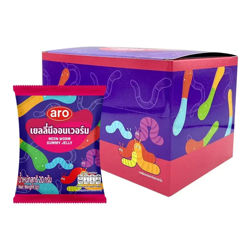 ARO Neon Worm Gummy Jelly, 20g snack packs, colorful chewy confectionery in bright neon colors, perfect for candy lovers.