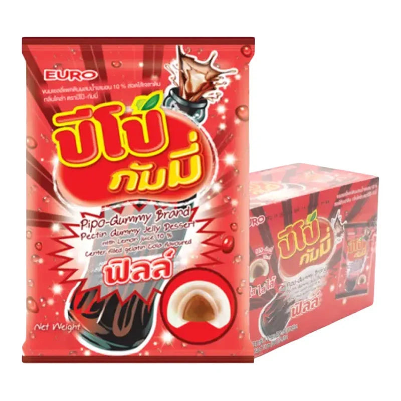Pipo Gummy Gelatin Cola candies in 24g packs, snack confectionery from PIPO, featuring colorful cola-flavored gummies.