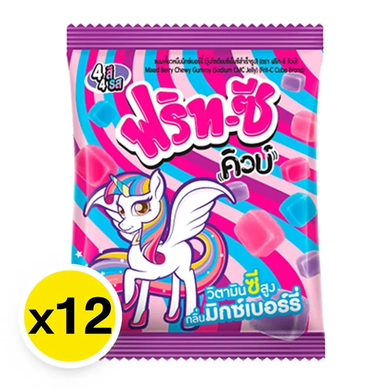 Frit-C Cube Chewy Gummy Mixed Berry snack, 20g pack, shown in colorful, chewy berry-flavored candies in a transparent bag.