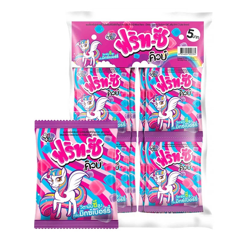 Frit-C Cube Chewy Gummy Mixed Berry snack, 20g pack, with colorful berry-flavored chewy candies in a clear bag.