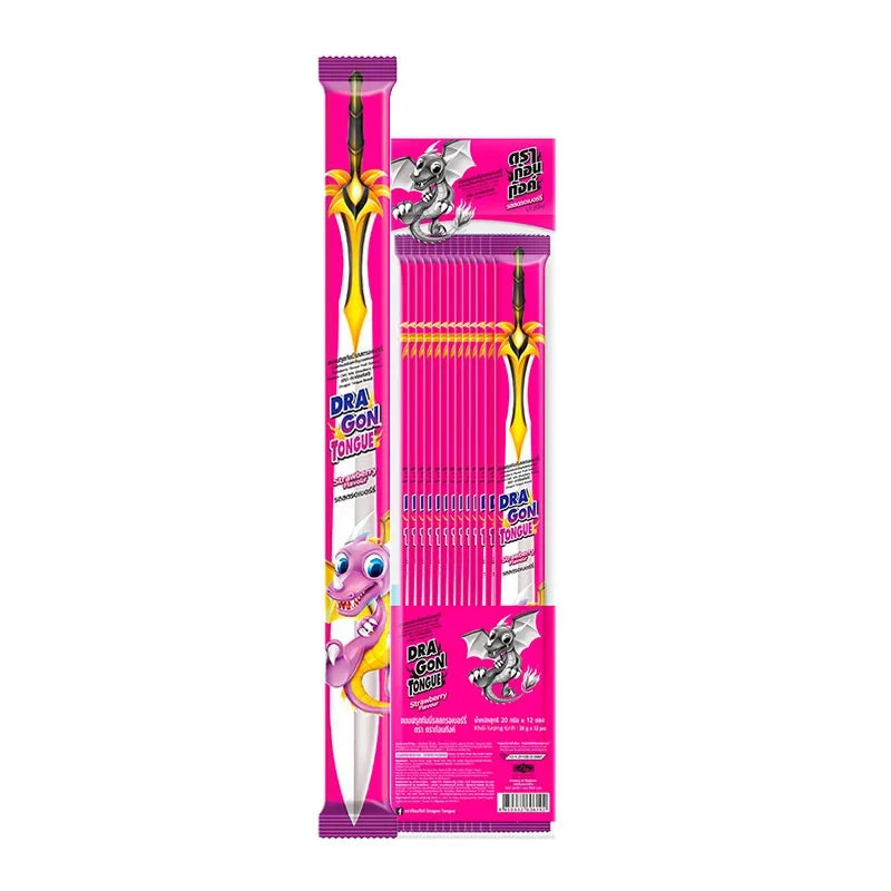 Dragon Tongue Strawberry 18g snack, dry grocery confectionery with colorful packaging and dried strawberry pieces.