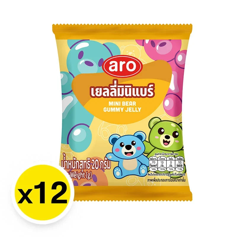 A box of ARO Mini Bear Gummy Jelly snacks with 12 packs, colorful bear-shaped candies in a clear plastic package.