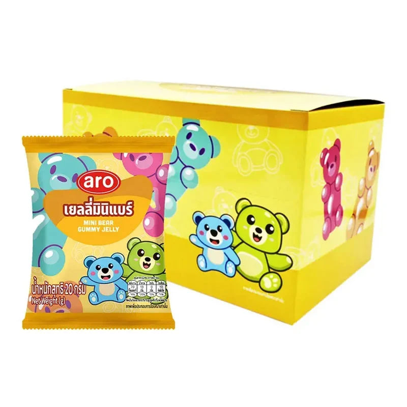 A box of ARO Mini Bear Gummy Jelly snacks, 20g packs, featuring colorful bear-shaped gummies in clear packaging.