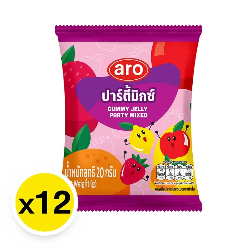 M&K ARO Gummy Jelly Party Mixed, 20g snack packs, colorful assorted fruit-flavored gummy candies on a white background.