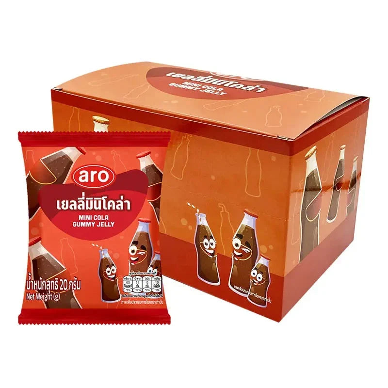 ARO Mini Cola Gummy Jelly 20g pack, colorful cola-shaped candies in clear packaging, ideal for snacking and confectionery treats.