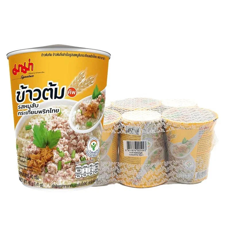 Mama Rice Soup Pork Garlic 40g x6 package, dry grocery product featuring rice soup with pork and garlic flavor.
