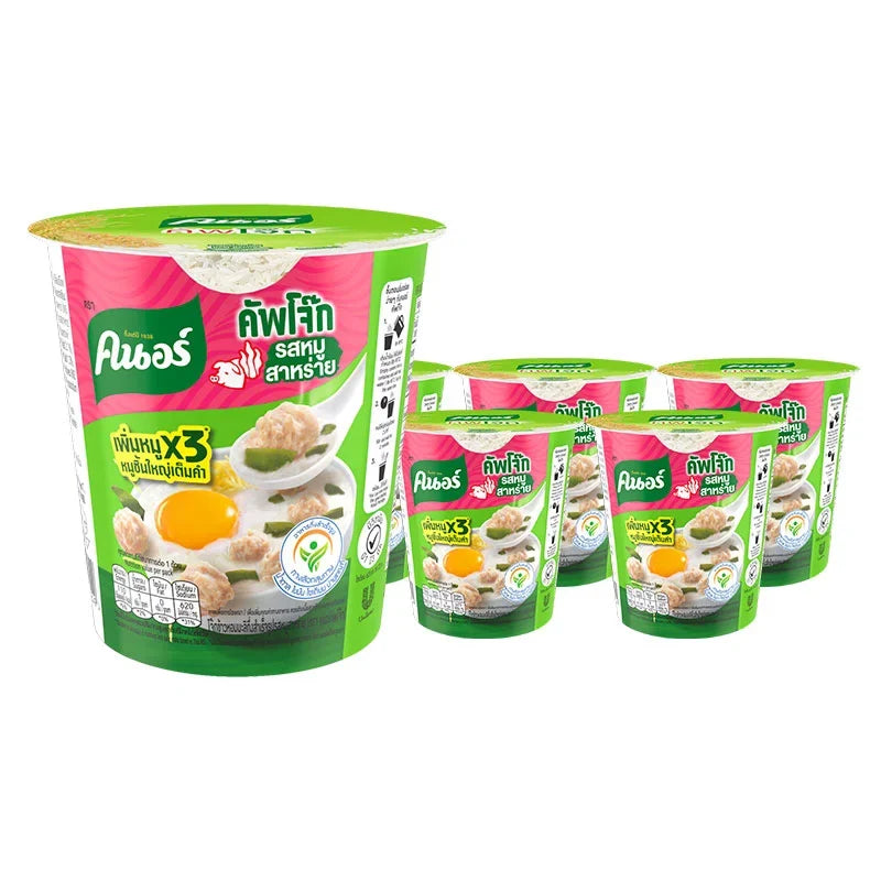 Knorr Cup Jok Pork Seaweed dry grocery product, 32g x6 packs, featuring instant cup noodles with pork and seaweed flavor.