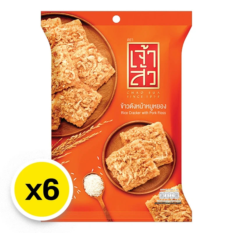 Chao SUA rice crackers with pork floss in a 30g package, stacked in a box, showing the snack's crispy texture and flavorful topping.