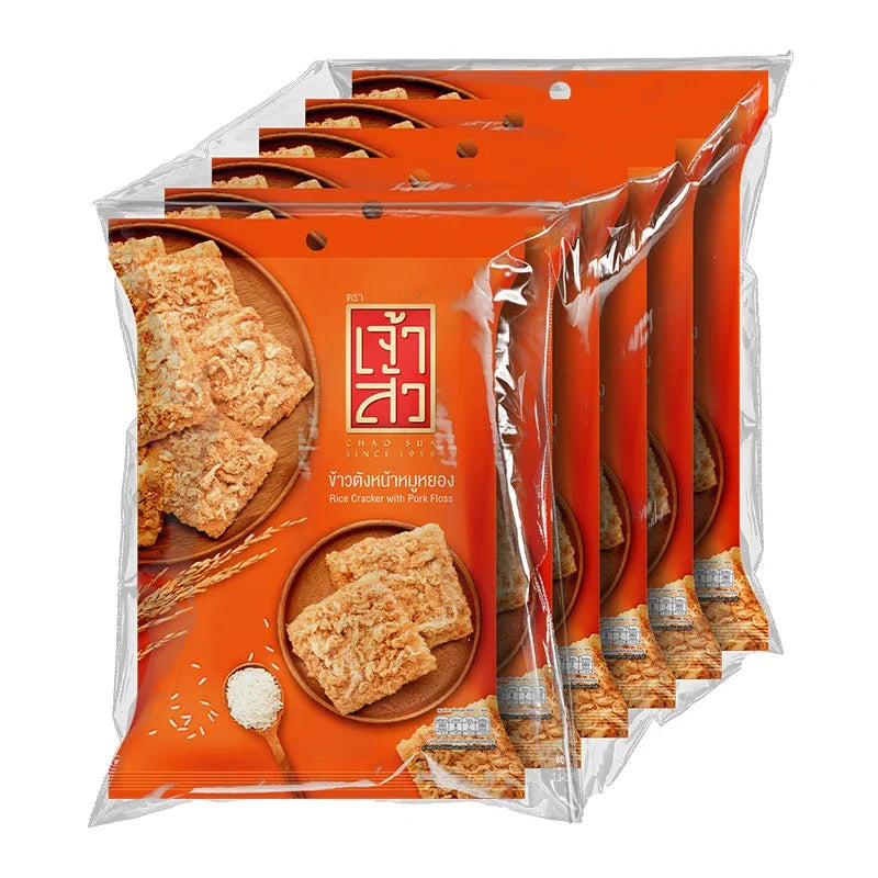 Chao SUA rice cracker with pork floss, 30g packet, showing crispy rice snack topped with savory pork floss in a clear package