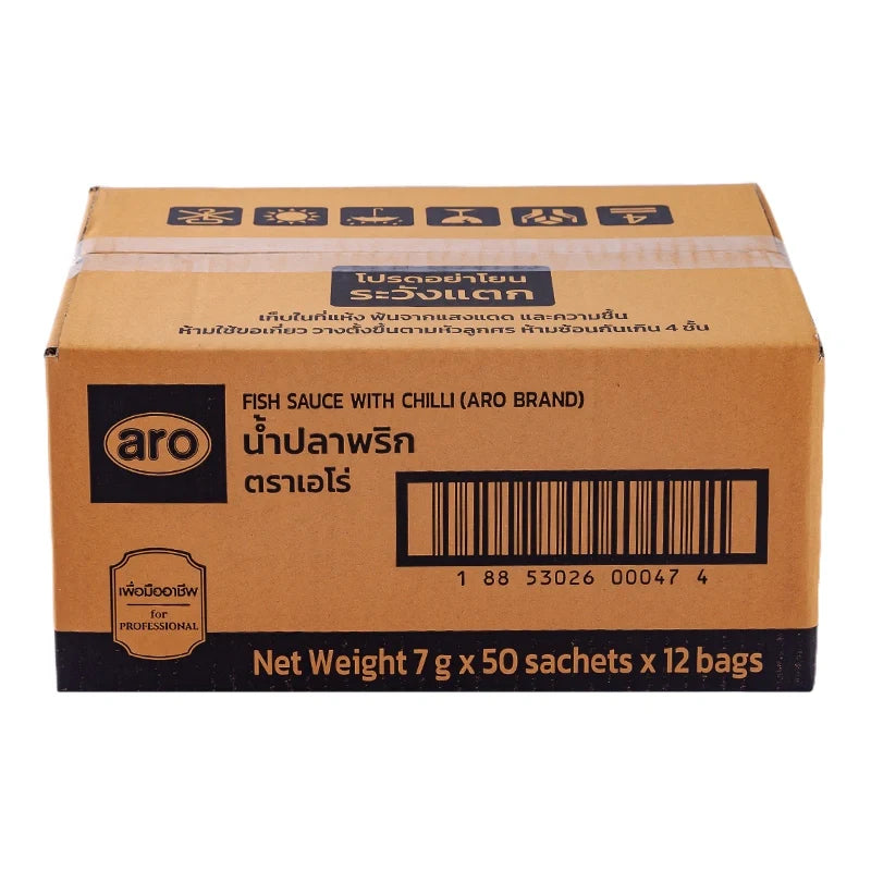 A box of 600 ARO Fishsauce 7g packets, dry grocery product, showing individual fish sauce sachets on the packaging