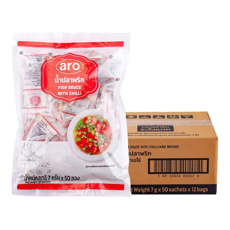 A package of ARO Fishsauce 7g, 600 pieces, dry grocery product, showing individual fish sauce sachets in a box.