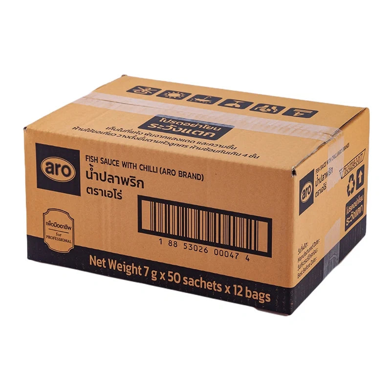 A box of 600 ARO Fishsauce 7g packets, dry grocery product, featuring individual fish sauce sachets in a clear display.
