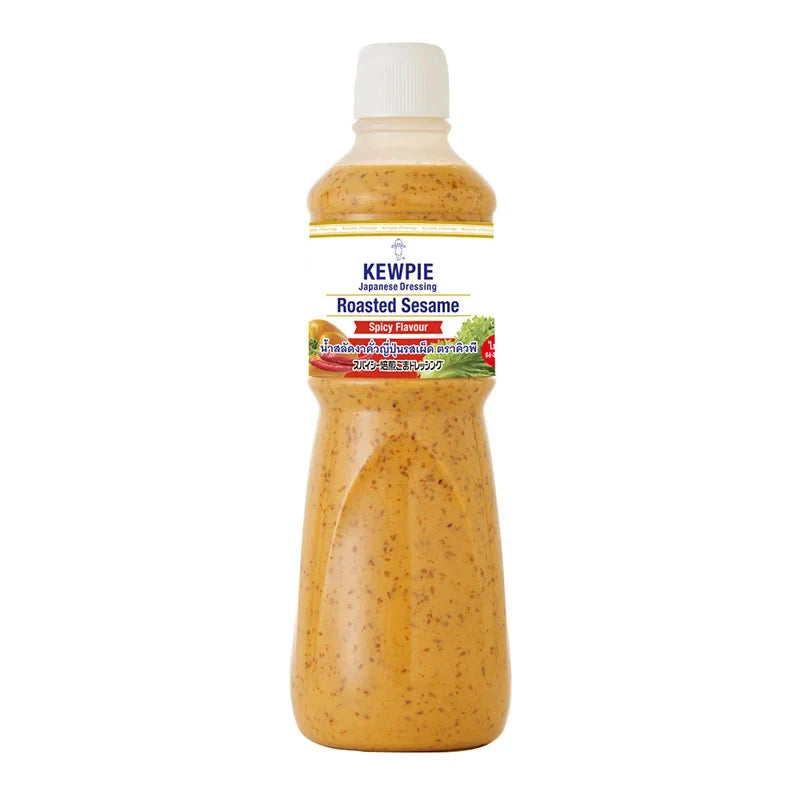 Kewpie Japanese Roasted Sesame Spicy Flavour Dressing 1L bottle, dry grocery product with a label featuring sesame seeds and spicy flavor details.