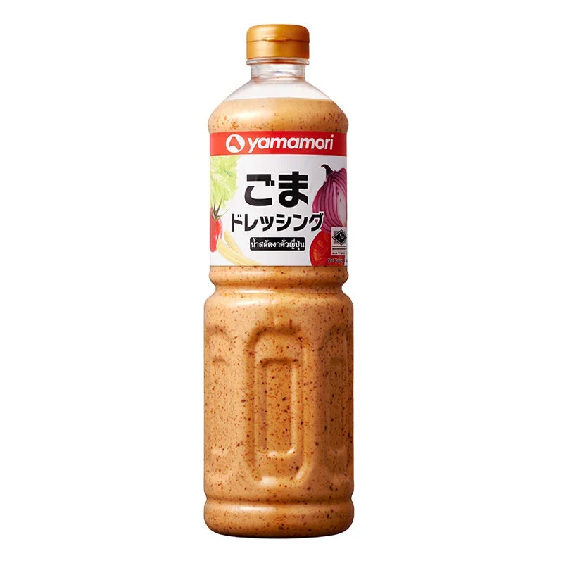 Yamamori Roast Sesame Dressing 1L bottle, dry grocery product with sesame seeds and rich, roasted sesame flavor in a clear plastic bottle.