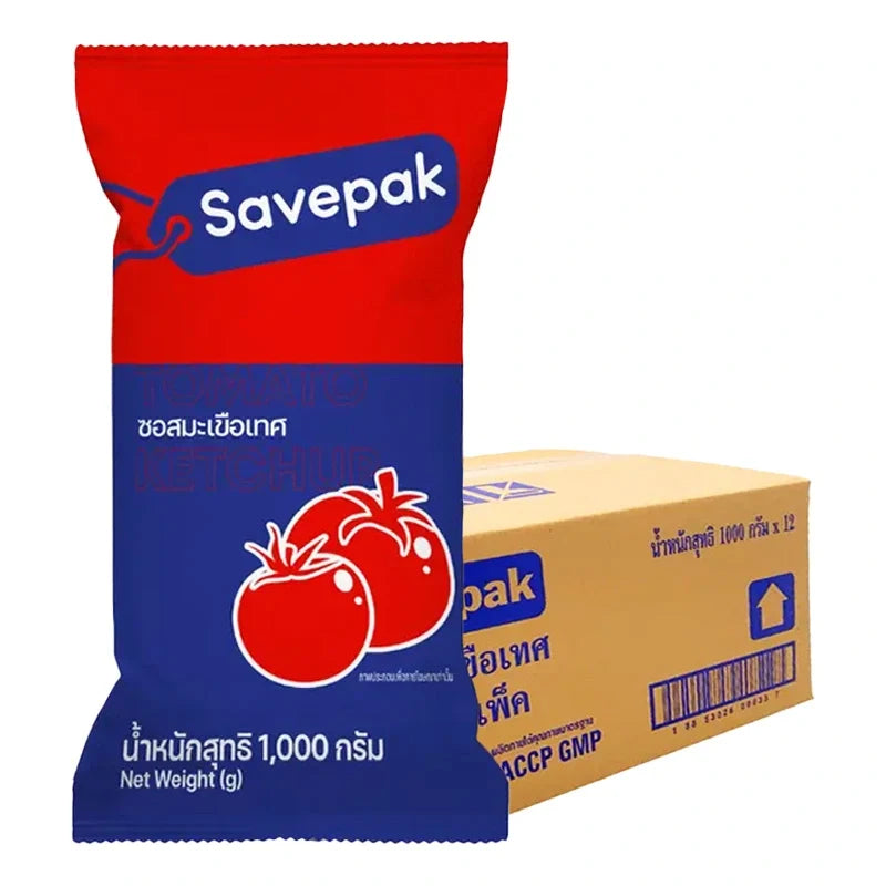 Savepak Tomato Sauce 1kg bottles, arranged in a 12-pack, shown in a dry grocery setting with red caps and labels.