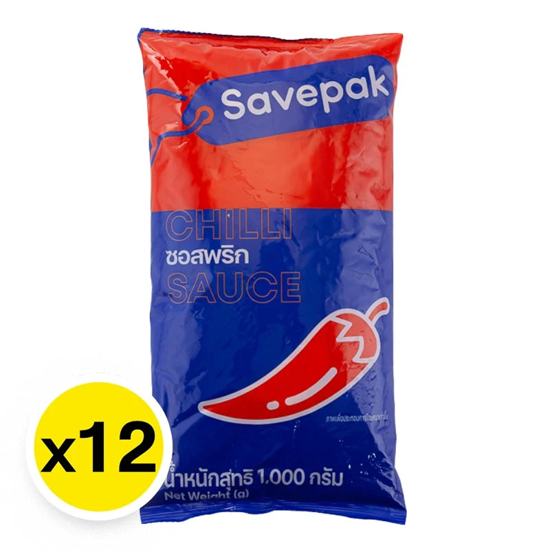 Savepak Chilli Sauce 1kg bottle, spicy dry grocery condiment with red chili pepper flavor, in a transparent plastic bottle.