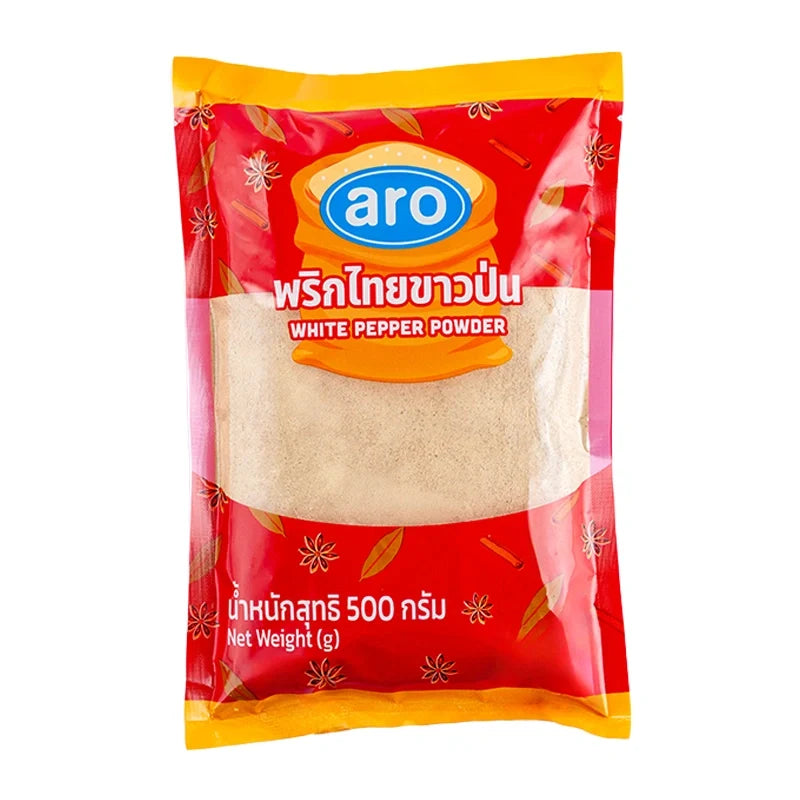 ARO Ground White Pepper 500g in a clear plastic jar with a white lid, showing the finely ground white pepper inside.