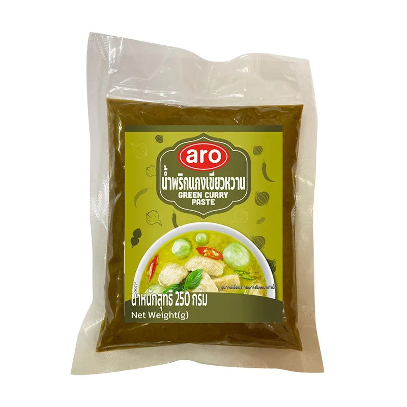 ARO Green Curry Paste 250g jar, Thai-style dry grocery product with vibrant green color and fresh herbs visible on the label.