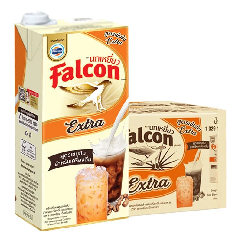Falcon Extra Evaporated Creamer 1L carton, 12-pack, dry grocery, cream-colored packaging, suitable for beverages and cooking