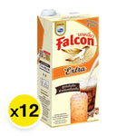 Falcon Extra Evaporated Creamer 1L carton, dry grocery product, with 12 packs stacked, showcasing the product packaging and branding.