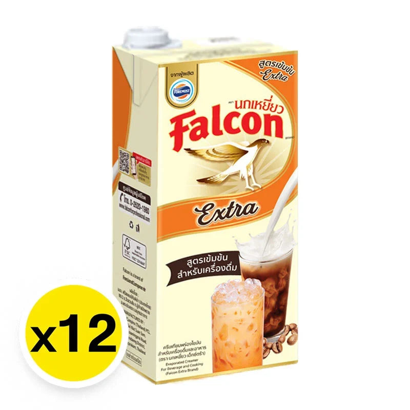 Falcon Extra Evaporated Creamer 1L carton, dry grocery product, with 12 packs stacked, showcasing the product packaging and branding.