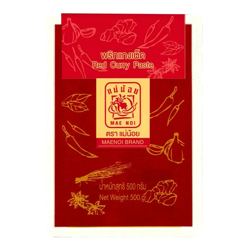 MAE NOI Red Curry Paste 500g jar, dry grocery product, with a label featuring red and white colors and Thai writing.