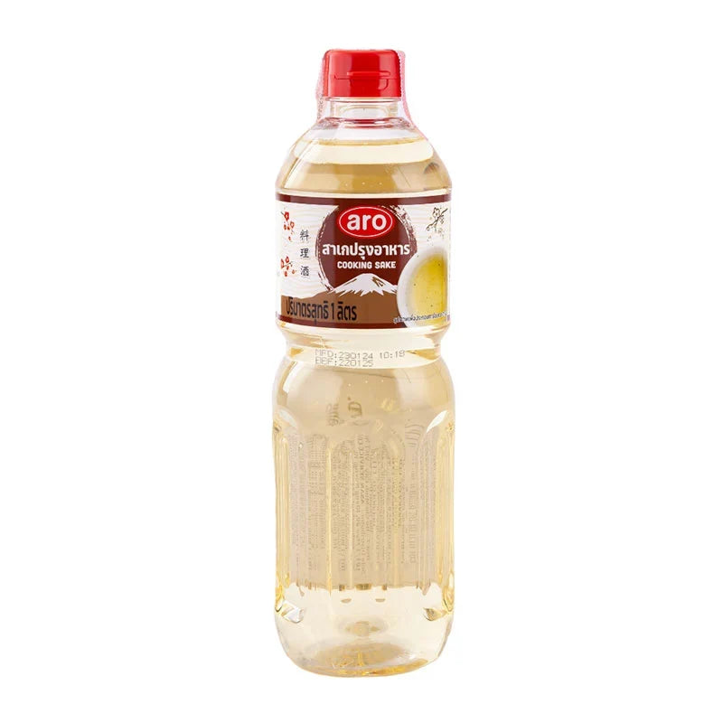 Bottle of ARO Cooking Sake 1L, dry grocery Japanese rice wine used for cooking and flavoring dishes.