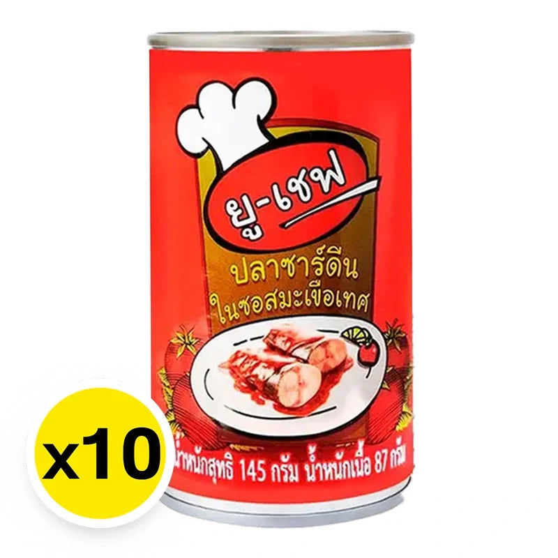 U-CHEF Sardines in Tomato Sauce, 145g can, stacked with label visible, ready for purchase in dry grocery section.