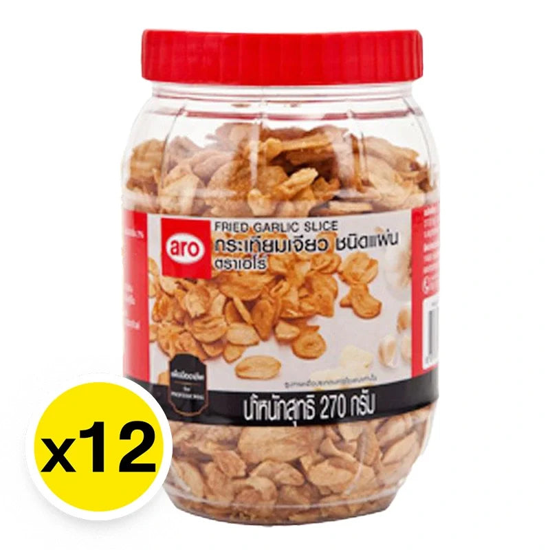 Aro sliced fried garlic in a 270g package, shown in a clear image, ideal for use in cooking and flavoring dishes.
