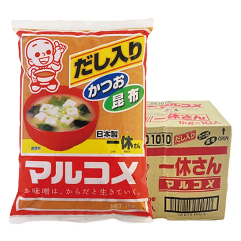 Ikkyu San Marukome Miso Soup 1kg packaging, dry grocery product, traditional Japanese miso soup mix, multiple packages shown.