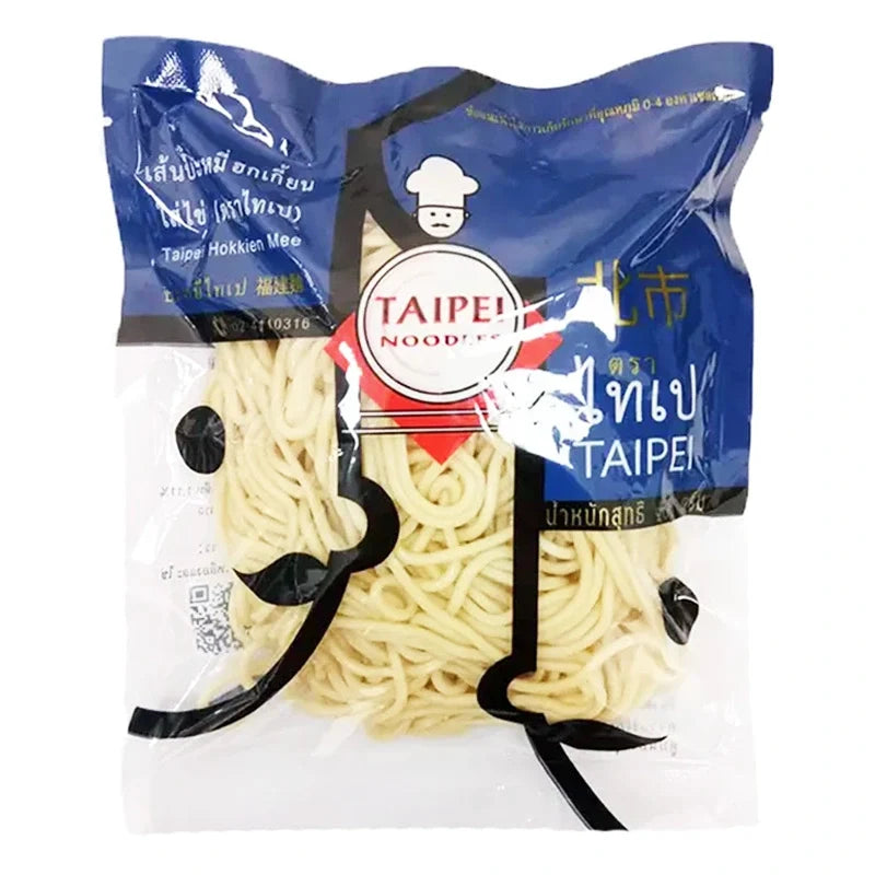 Taipei Egg Noodles 400g pack, dry grocery product with uncooked yellow egg noodles in clear packaging.