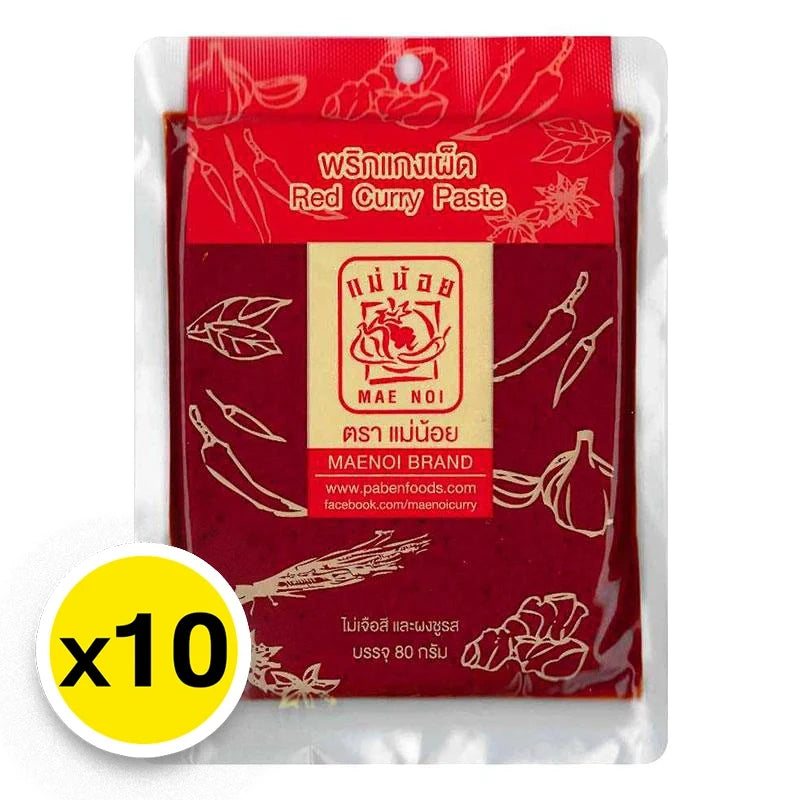 MAE NOI Red Curry Paste 80g, dry grocery product, showing 10 packages with vibrant red curry paste in clear containers.