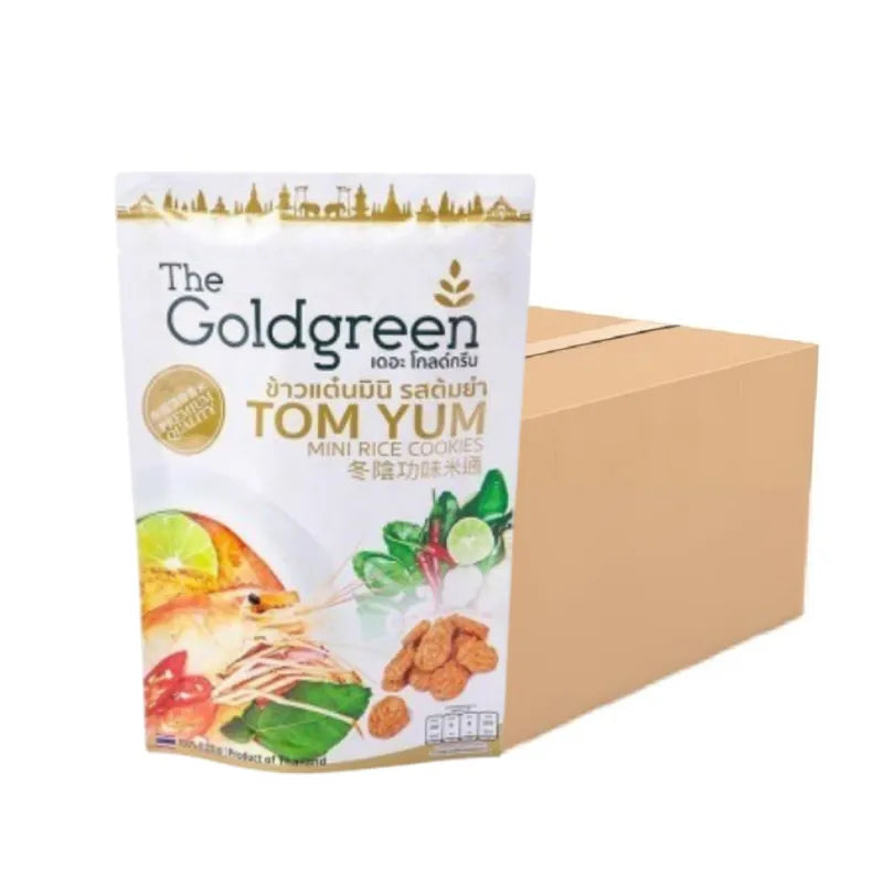 Mini Khao Tan rice cookies in Tom Yum flavor from THE GOLDGREEN, showing crispy snack with Thai-inspired seasoning.