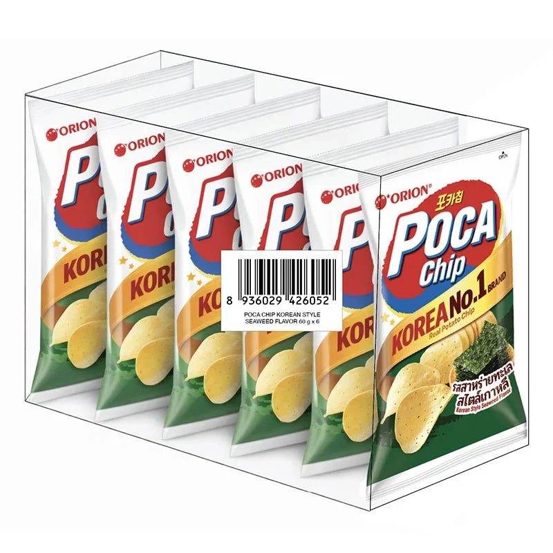 Orion Poca Chips Korean seaweed flavor snack in 60g bags, shown in six-pack package, crispy seaweed snack from Orion brand.