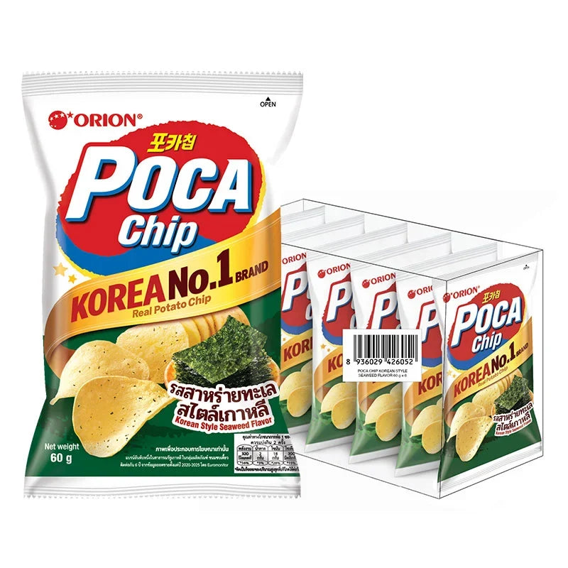 Orion Poca Chips Korean seaweed flavor snack in 60g packs, stacked in a clear bag, dry grocery snack item.