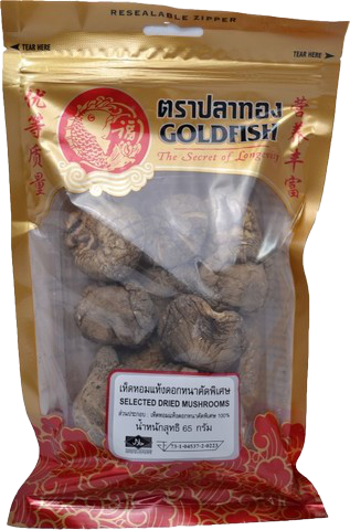 Gold Fish brand dried shiitake mushrooms, selected for quality, shown in a clear image with golden-brown caps and stems.