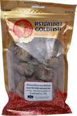 Gold Fish brand dried shiitake mushrooms, selected for quality, shown in a clear image with golden-brown caps and stems.