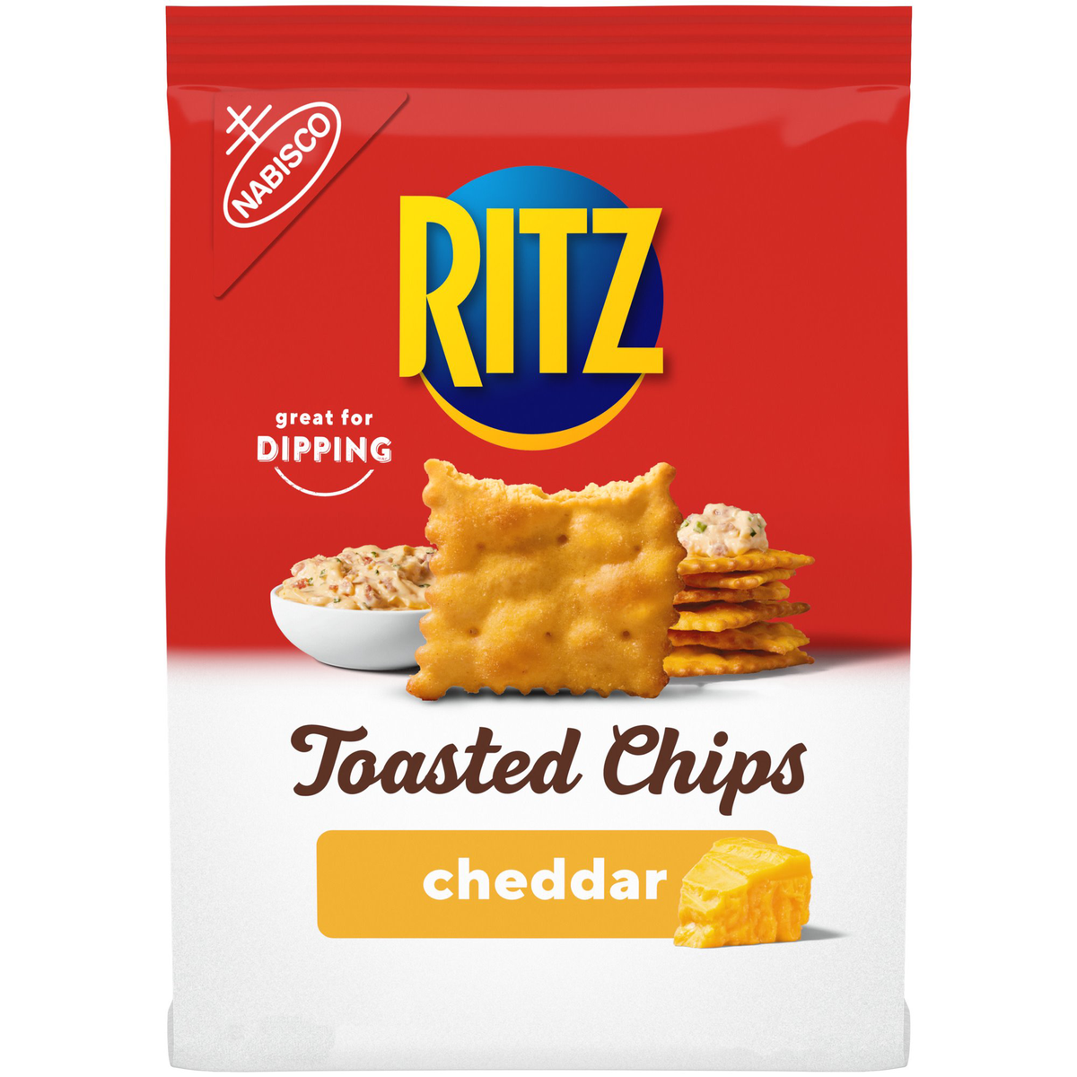 Ritz Toasted Chips Cheddar snack bag with crispy cheddar-flavored snack chips in a colorful package.