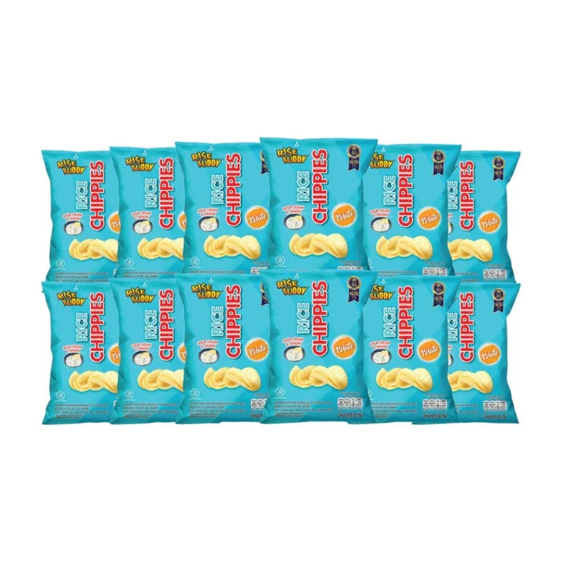 Rise Buddy Rice Chippies snack in a colorful bag, crispy rice cracker treats from Rise Buddy dry grocery snack line.