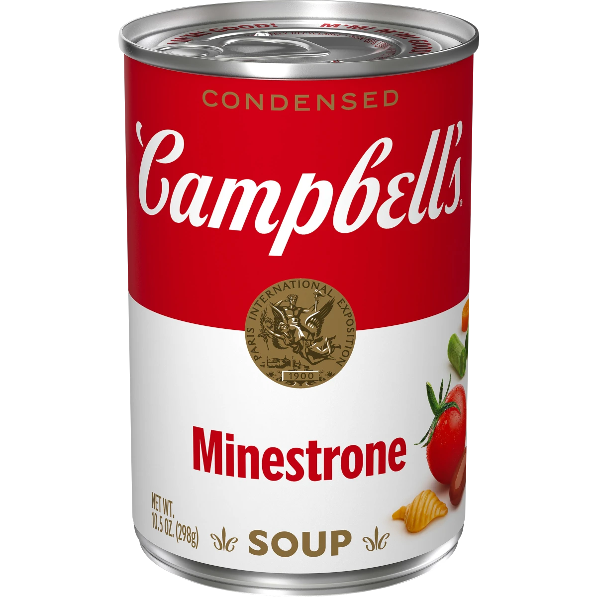 A bowl of Campbell's Minnestrone soup with vegetables and pasta, served in a white bowl on a wooden table.